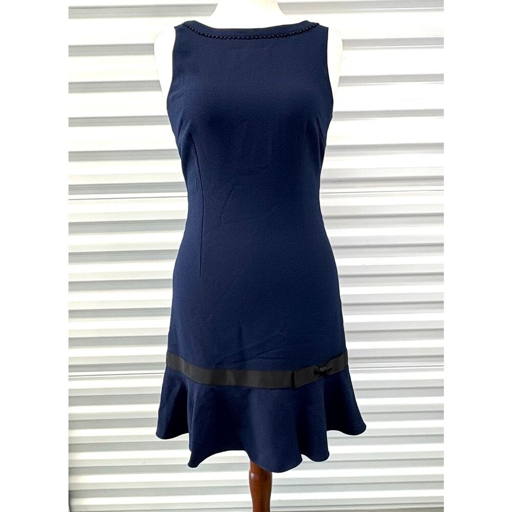 Karl Lagerfeld Paris Dress Navy Blue Drop Waist Ribbon Detail Size 8